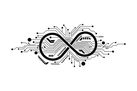 Infinity symbol with circuit board design a silhouette of endless technological connection
