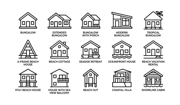 Beach house icons arranged in grid on white background