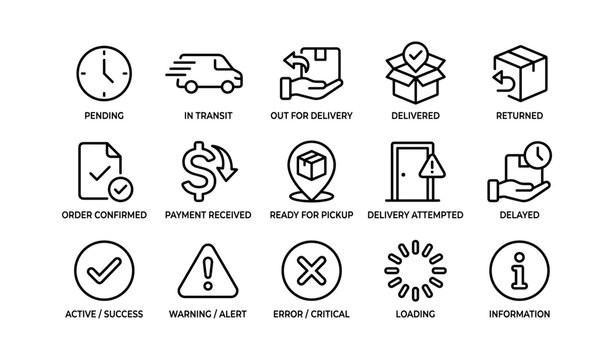 Delivery status and order tracking icons displayed on white background