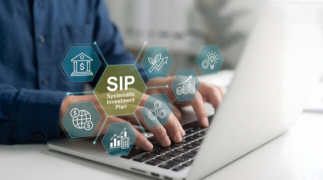 Businessman using laptop with systematic investment plan icons for financial strategy and planning