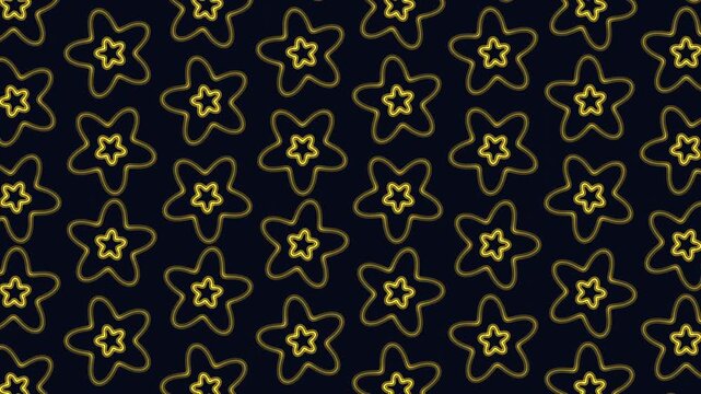 Abstract footage of repeating blue neon star outlines on a dark background, seamless pattern motion for party, holiday, kids, and futuristic design projects