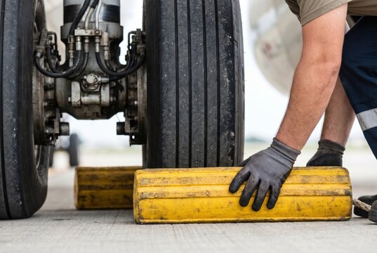 Ground crew worker hands placing a heavy yellow safety chock under the massive landing gear wheel of an airplane