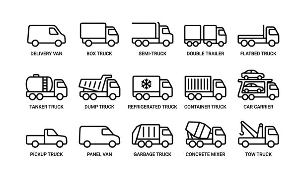 Commercial truck and vehicle icon set on white background