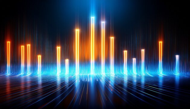 abstract bar graph with glowing blue and orange lights on a dark background