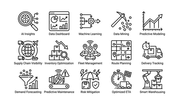 Logistics analytics and ai icon set on white background