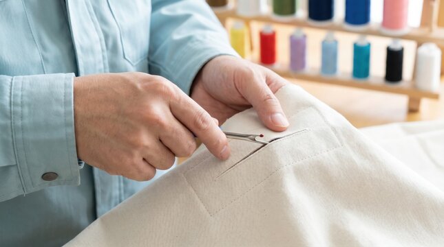 Tailor hands using a small seam ripper tool to unpick stitches on a piece of white canvas fabric