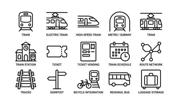 Train and public transit icons arranged in grid on white background