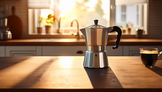 sunlight illuminates a vintage espresso maker on a kitchen counter