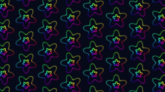Repeating neon star outlines in rainbow colors glow on a dark background, creating a playful seamless pattern for party visuals, kids themes, retro design, and VJ screens