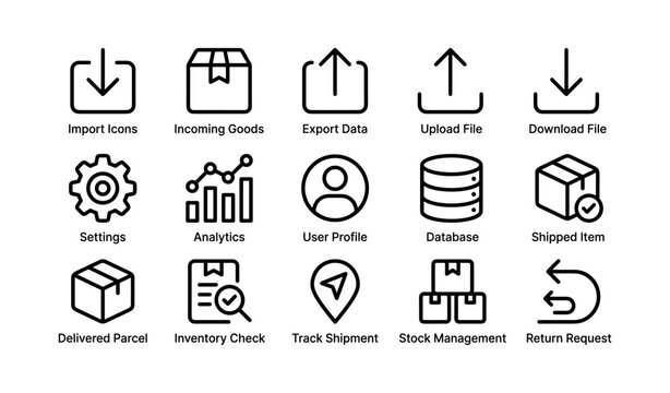 Supply chain and data icons showing shipping and upload actions