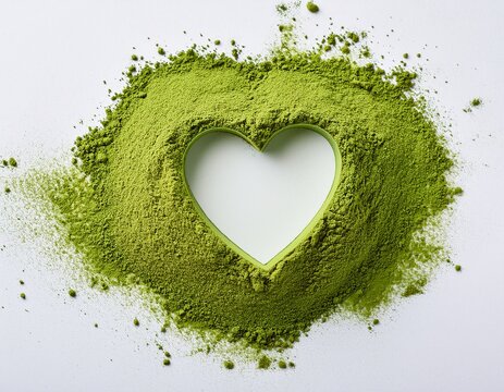 creative mockup with heart shaped cutout in vibrant green matcha powder on white background suitable for natural themed visual content