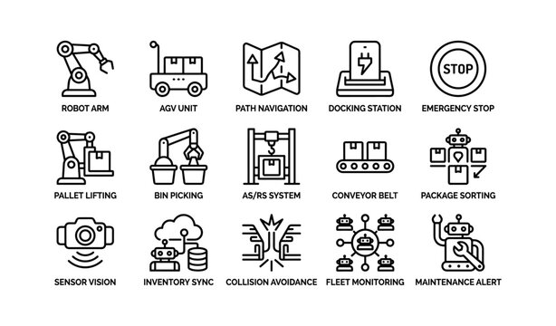 Warehouse robotics icons showing automation features on white