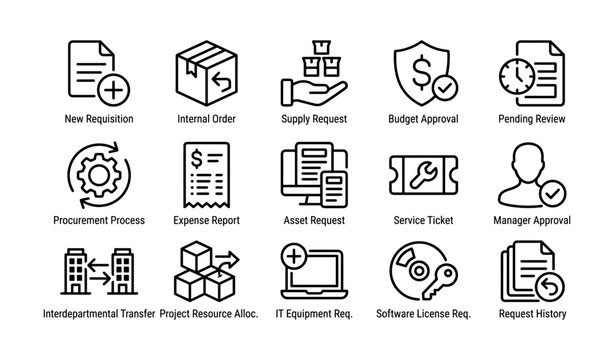 Procurement and request process icons displayed on white background