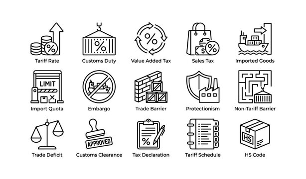 International trade and tariff icons arranged in grid