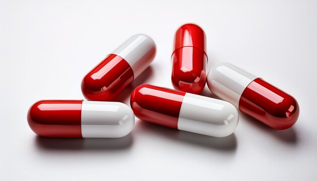 close up of four red and white capsules slightly scattered on a plain white background