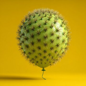 Green balloon in the shape of a cactus with sharp thorns on a yellow background - Concept of risk, fragility and danger