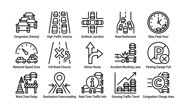 Traffic congestion icons showing road delays and warnings