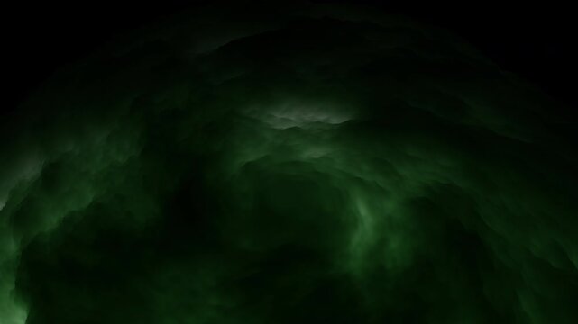 Abstract dark green smoke and fog swirl forming a rotating vortex, creating a mysterious atmospheric background for horror, fantasy, sci fi, or cinematic titles