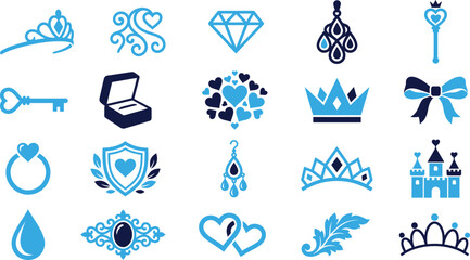 Assortment of jewelry icons including crowns tiaras rings earrings and diamonds blue and navy colors. © MdBabul
