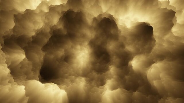 Cinematic abstract motion graphics of swirling golden smoke and dust forming a dramatic cloud frame with a dark center for text, ideal for titles, intros, and overlays