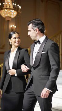 Couple in black formal wear walking down marble staircase in luxury hotel interior, medium shot
