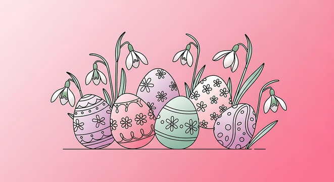 Easter eggs decorated with floral patterns and snowdrop flowers on a pink gradient background, festive spring holiday greeting