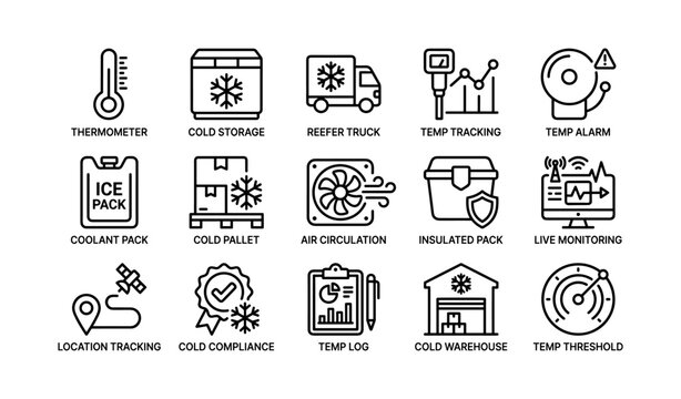 Cold chain icons showing temperature monitoring and storage