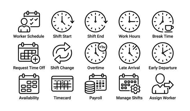 Worker schedule icons displaying shift and time management grid
