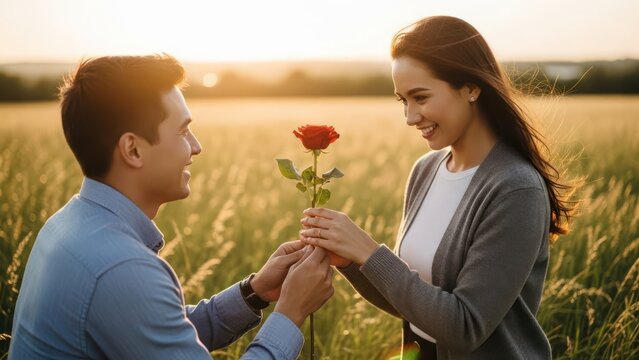 Romantic proposal in a field with a red rose symbolizing love and commitment in nature
