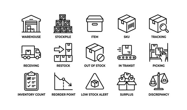 Warehouse and inventory icons showing logistics and stock