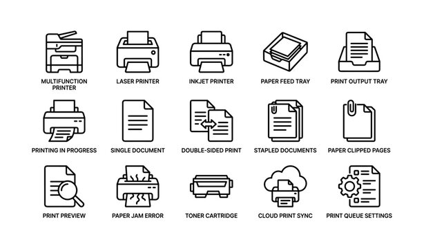 Printing icons showing printer functions and document states in grid