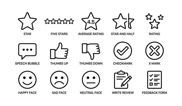 Rating and feedback icons showing review symbols on white grid