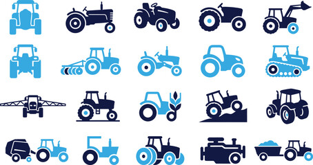 Collection of blue and dark blue tractor and farming equipment icons representing agriculture industry and rural life. © Icon Set