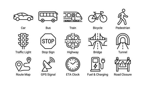 Transportation and road icons showing vehicles signs and routes