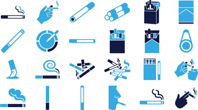 Collection of twenty five smoking related icons and symbols in blue and dark blue.