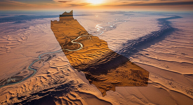 Aerial drone perspective of the distinctive shape of California overlaid onto an arid desert landscape with winding riverbeds during a golden sunset, creating a surreal and majestic abstract