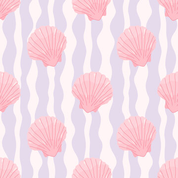 Vector seamless pattern with pink scallop shells on a wavy purple and cream background. Nautical marine texture for summer fabric, wallpaper, and feminine decor.
