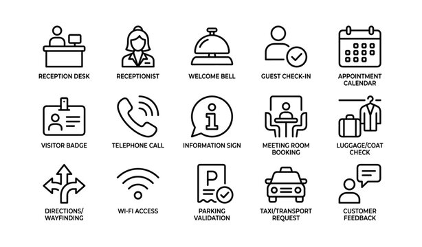 Reception and guest service icons displayed on white background