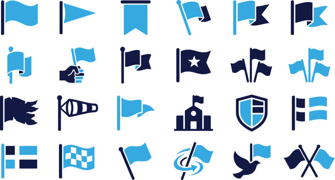 Flags and banners set waving various shapes and designs for sports events.