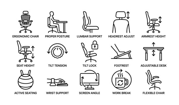Ergonomic and workstation icons showing posture and adjustments