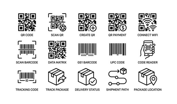 Qr code and package tracking icons displayed on white background