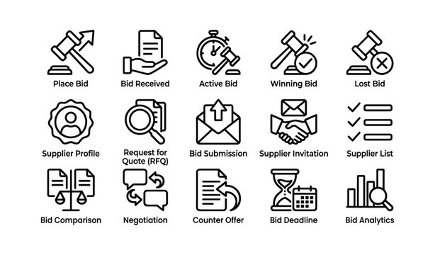 Bidding and supplier management icons representing procurement workflow