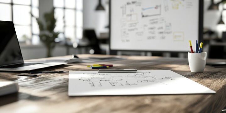 A modern workspace with a laptop and sketch papers for improved creativity and productivity