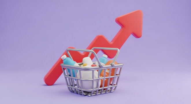 Full grocery basket with a rising red arrow representing inflation and the increasing cost of living for consumers