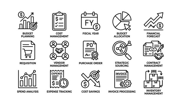 Budget and procurement icons displayed on white background