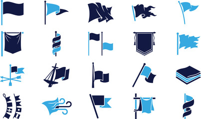 Collection of flag and pennant icons in blue and dark blue for nautical and symbols. © Icon Set