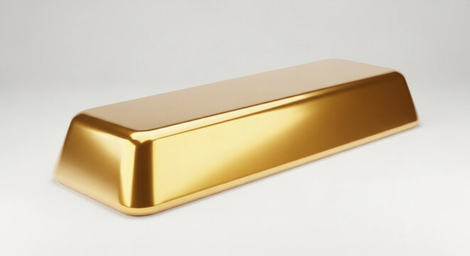 Shiny, polished, realistic 3D render of a single lustrous gold bar, reflecting light, on a clean, neutral, bright white studio background, symbolizing wealth, finance, and precious value.