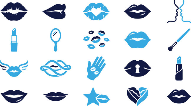 Collection of blue and dark blue lip icons and beauty related symbols lipstick mirror brushes makeup.