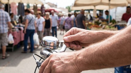 Obraz premium Person hand pulling the lever of a shiny silver bicycle bell attached to handlebars in a crowded outdoor market