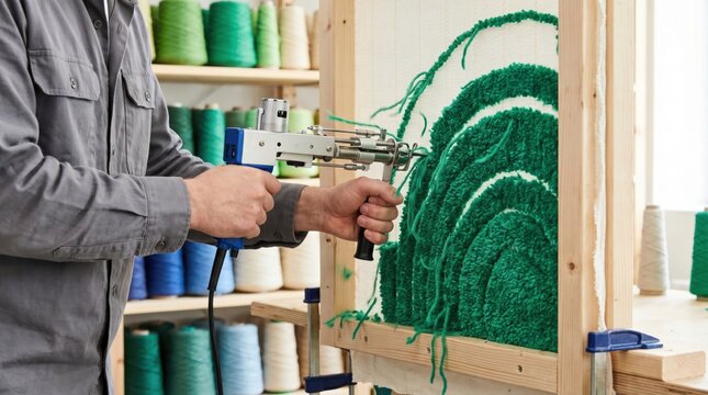 Artisan hands holding a blue tufting gun pushing green yarn through a stretched canvas frame to make a custom rug